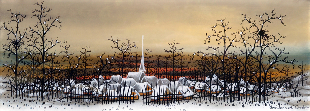 Ivan Lackovi Winterdorf 1970er Jahre l/Hinterglasmalerei 15 x 40 cm